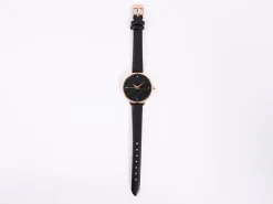 Black Leather Strap Watch with Black Glitter Dial