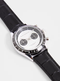 Black Leather Strap Watch with White Dial