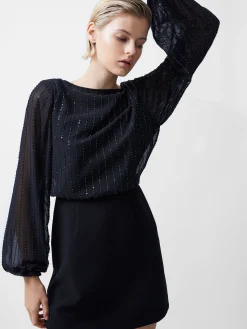 Effy Sequin Slash Neck Long Sleeve Dress