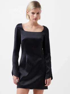 Structured Satin Long Sleeve Scoop Neck Mini Dress
